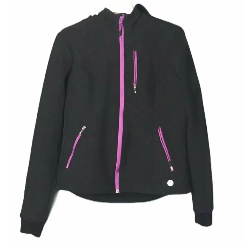 Blanc Noir Zip Front Hooded Active Utility Jacket Windbreaker Black Size Medium